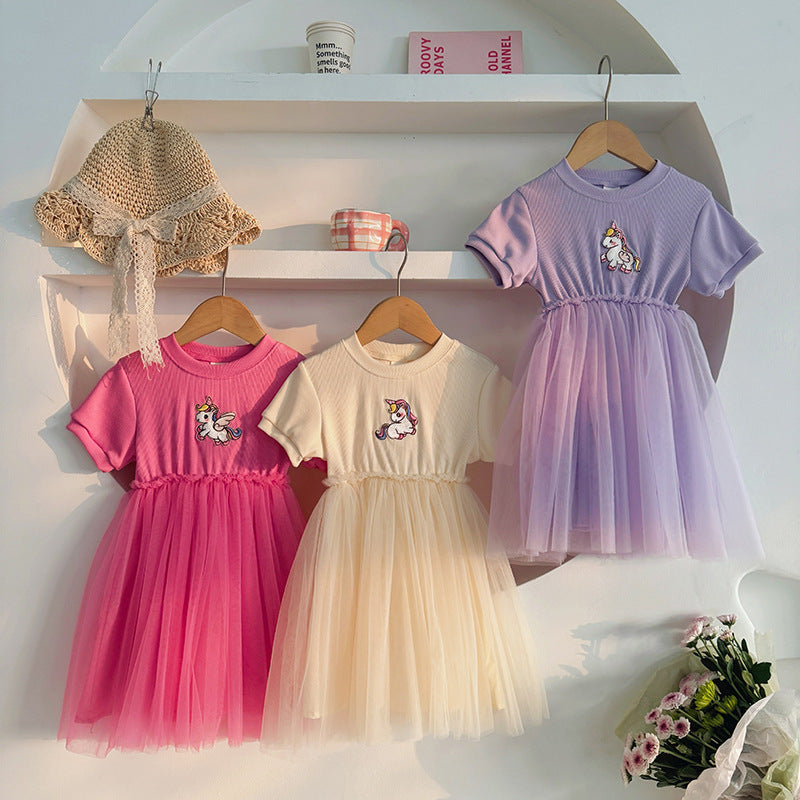 Summer Baby Kids Girls Short-Sleeved Cartoon Unicorn Pattern Mesh